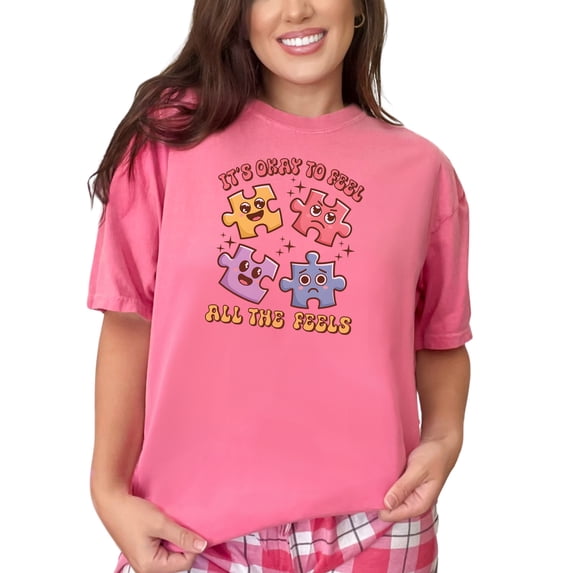 It's Okay to Feel All the Feels Puzzle Pieces Graphic Tee, Positive Mental Health Awareness Shirt, Cute Emotional Support T-Shirt, Crunchberry Comfort Colors T-Shirt, Medium