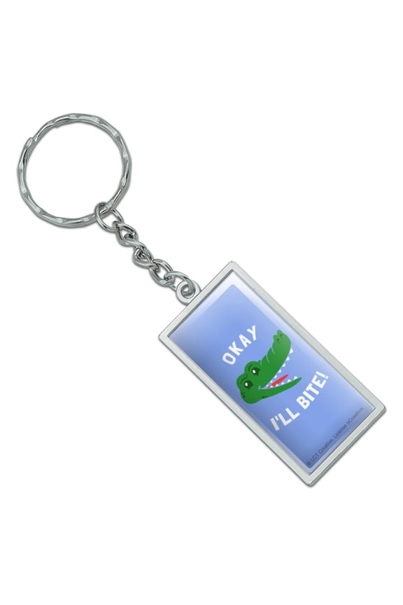Okay I'll Bite Crocodile Alligator Funny Humor Rectangle Chrome Plated Metal Keychain Key Chain