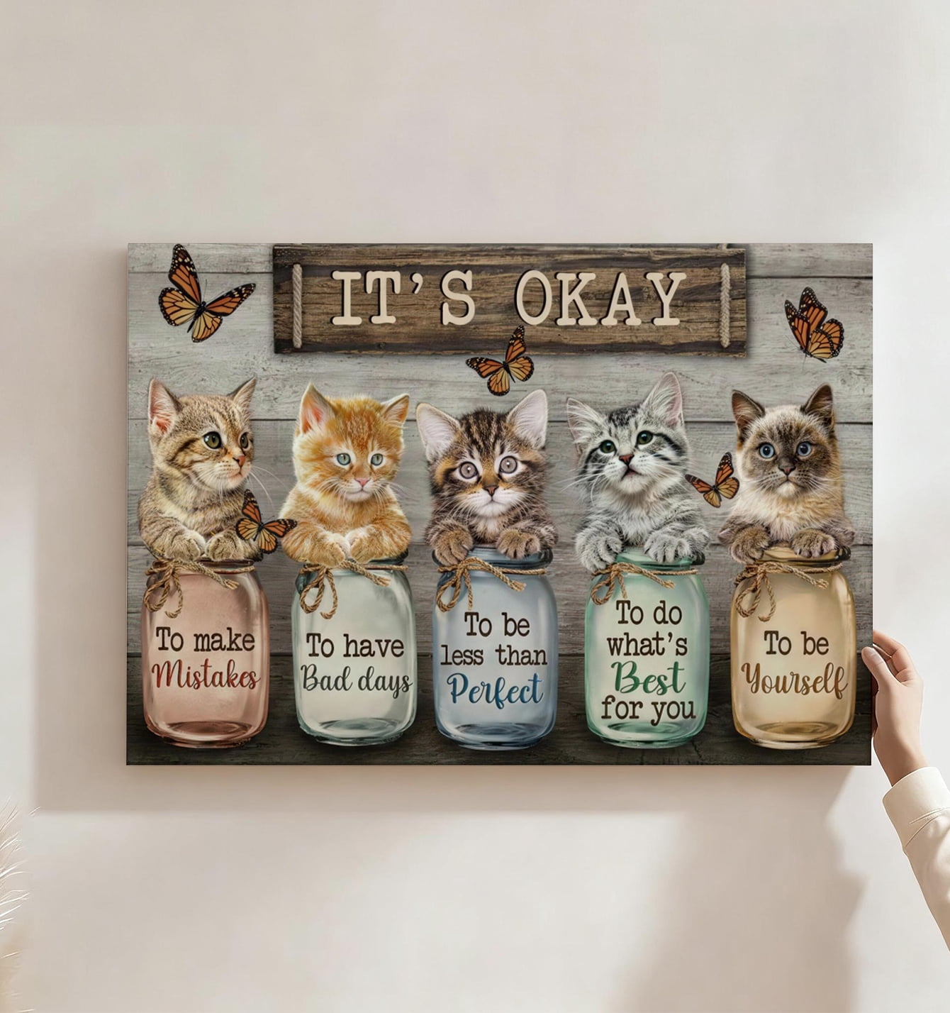 It's Okay Kittens Self-Love Canvas Wall Art, Cute Cat Decor, Inspirational Self-Care Quote Artwork For Bedroom, Nursery, Bathroom, Ready To Hang 12*18inch(30*45cm)
