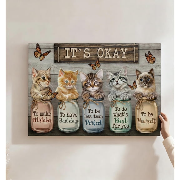 It's Okay Kittens Self-Love Canvas Wall Art, Cute Cat Decor, Inspirational Self-Care Quote Artwork For Bedroom, Nursery, Bathroom, Ready To Hang 8*12inch(20*30cm)