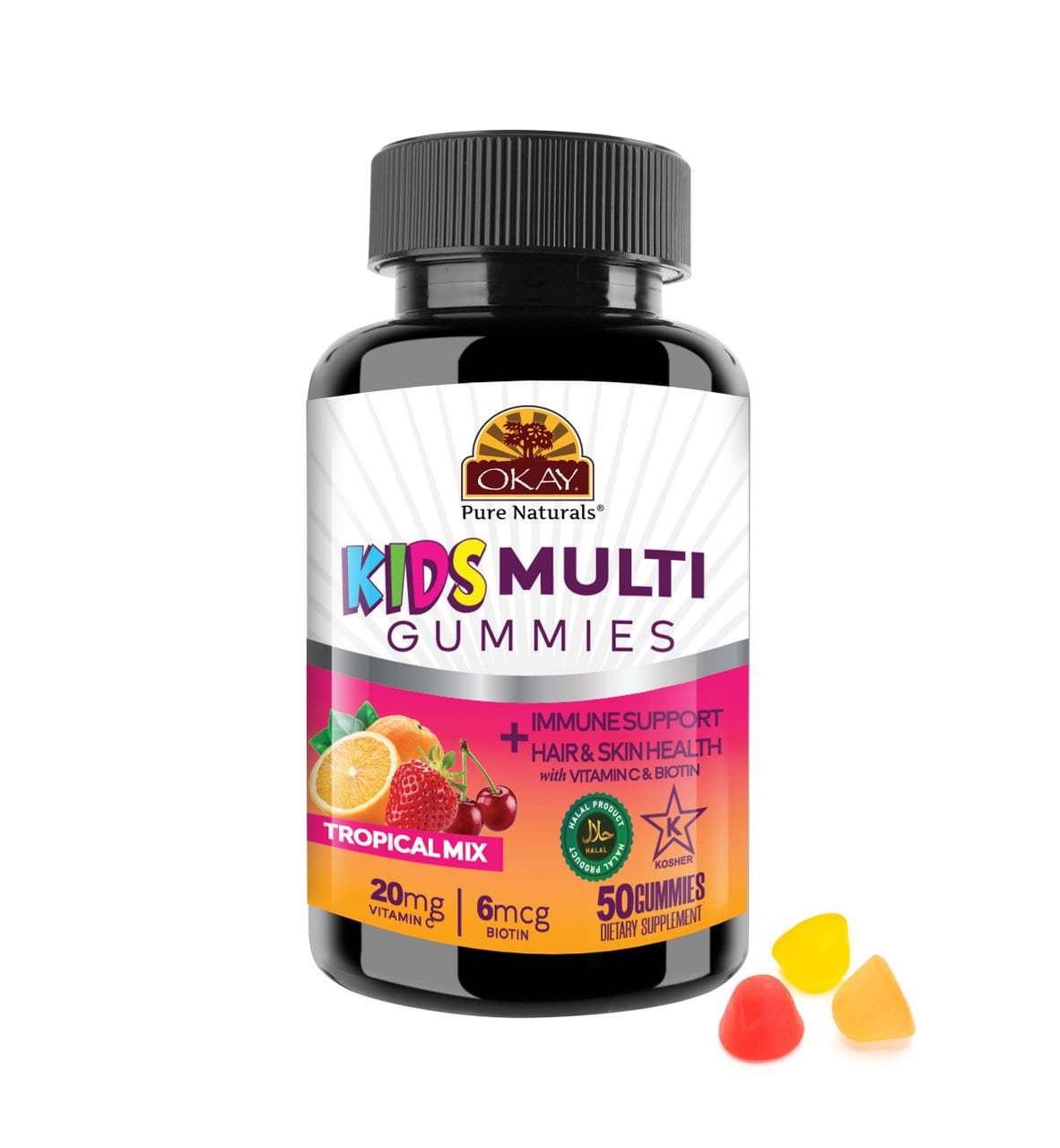Okay Pure Naturals Daily Kids Multivitamin Gummies with Vitamin C and Biotin for Immune Support & Bone Health, Tropical Mix Flavor, 50 Count