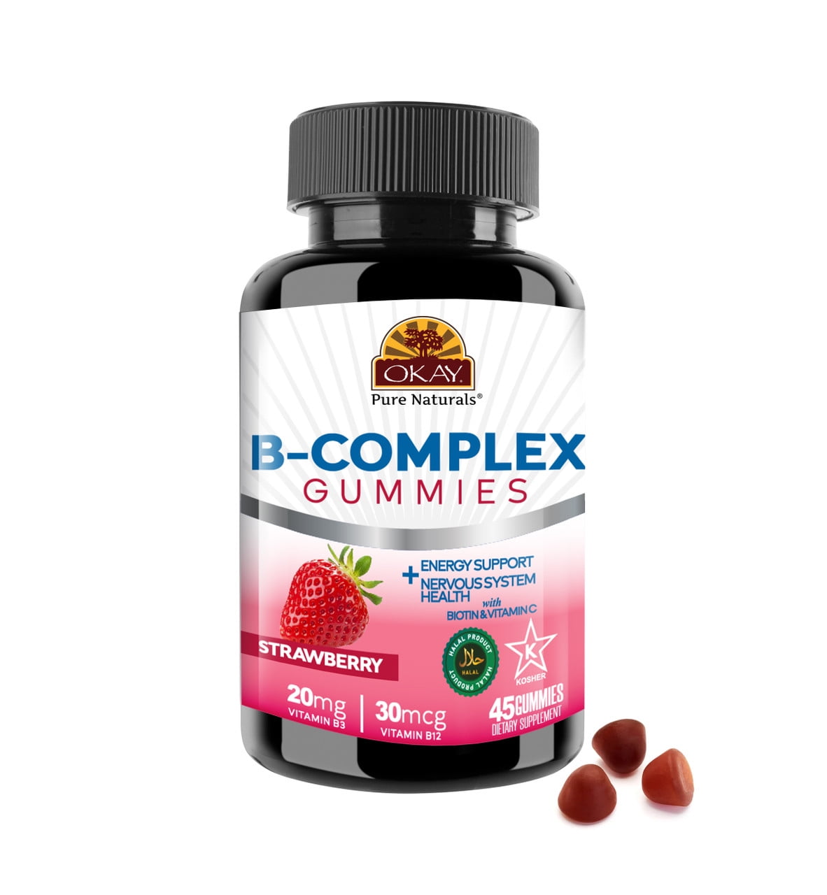 Okay Pure Naturals Vitamin B Complex Gummies with Biotin and Vitamin C, Strawberry Flavor, 45 Count