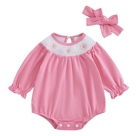 Okbabeha 2Pcs Infant Baby Girls Romper Headband Long Sleeve Daisy Clothing Newborn Jumpsuit Clothes
