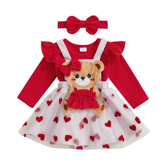 Okbabeha 3 Pieces Newborn Baby Girl Long Sleeve Ruffle Romper Top Skirt Set Overall Dress Headband Set