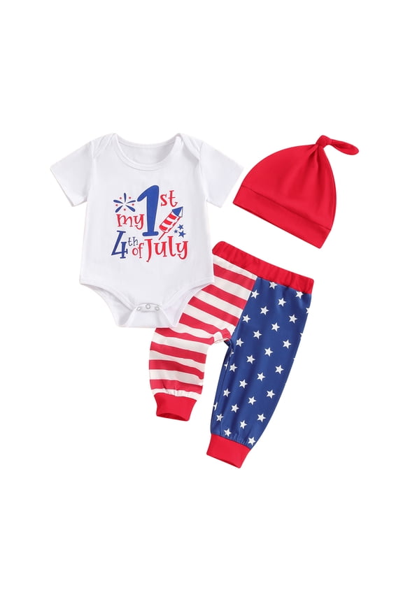 4th Of July Baby Boy Outfit Infant Short Sleeve Letter Print Romper + Flag Print Pants + Hat Summer 3pc Set