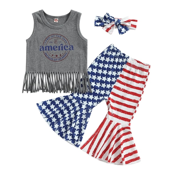 Okbabeha 4th Of July Baby Girl Clothes USA T-Shirt/Romper Stars Stripes Flare Pants Infant Patriotic Outfits Set