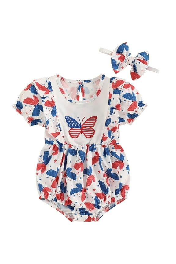 4th of July Baby Girl Outfit Newborn Baby Girl Fourth Of July Bodysuit Summer Bubble Romper Headband Independence Day Clothes