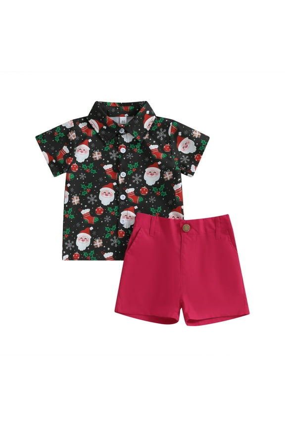 6 9 12 18 24Months 2t 3t 4t 5t Toddler Baby Boy Christmas Outfits Santa Print Button Down Shirt +Long Pants Set