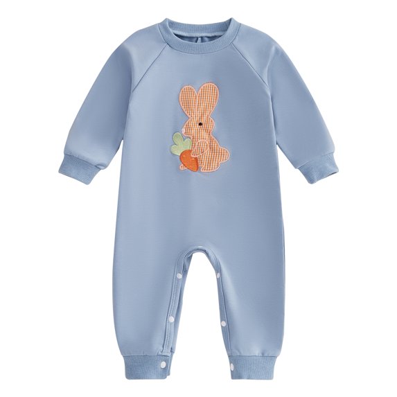 Okbabeha Baby Boy Easter Romper Long Sleeve O Neck Bunny Carrot Embroidery Jumpsuit