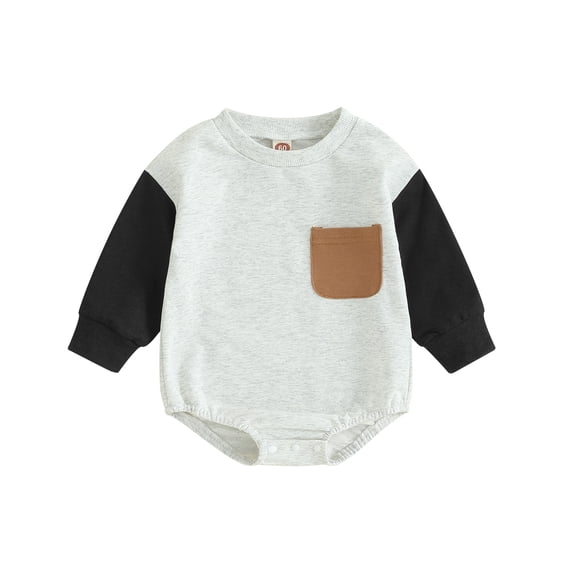 Okbabeha Baby Boy Girl Color Block Long Sleeve Bubble Romper Pocket Crewneck Sweatshirt Onesie Basic Fall Winter Clothes