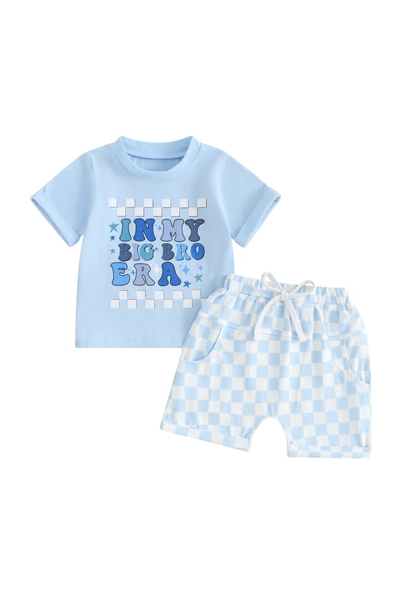 Baby Boy Summer Clothes Round T Shirt Tops + Elastic Waist Checkerboard Shorts Big Brother Little Brother Outfits