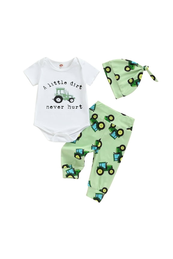 Baby Boys 3Pcs Farm Clothes Short Sleeve Tractor Print Romper + Pants + Hat Set Newborn Clothes