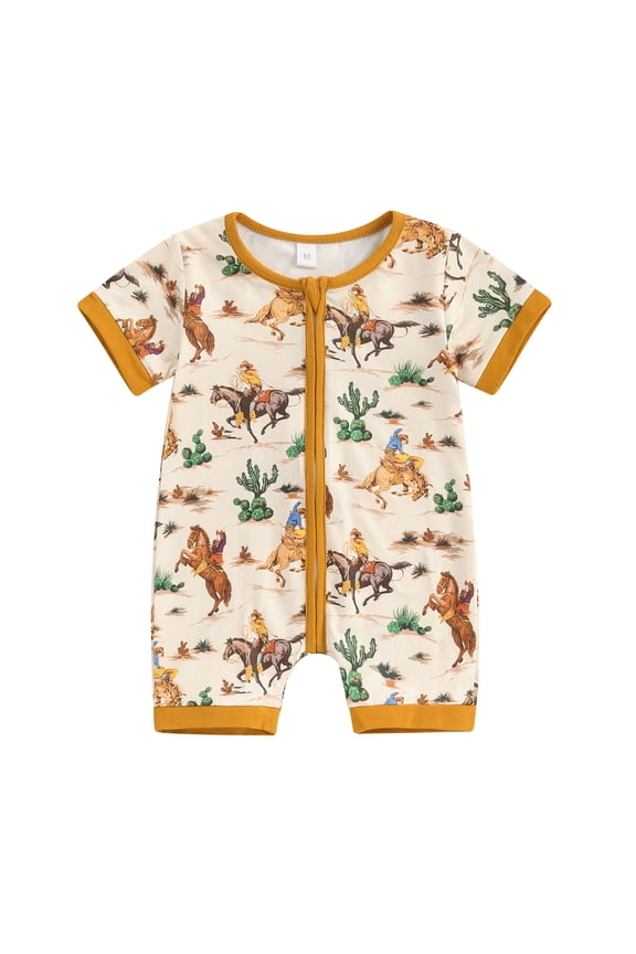 Baby Boys Summer Jumpsuit Casual Western Cow Print Short Sleeve Zipper Romper for Newborn Infant Cute Clothes