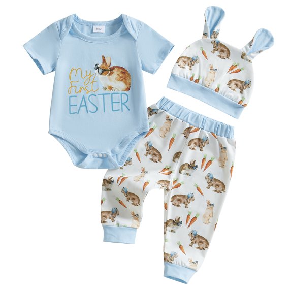 Okbabeha Baby Easter Outfits Short Sleeve Letter Print Romper Bunny Pattern Long Pants Hat 3 Pcs Sets