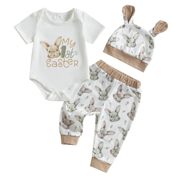 Okbabeha Baby Easter Outfits Short Sleeve Letter Print Romper Bunny Pattern Long Pants Hat 3 Pcs Sets