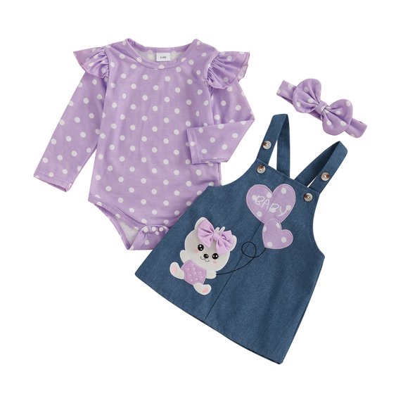 Okbabeha Baby Girl 3 Pcs Clothes Suspender Skirt Newborn Ruffled Flower Romper + Cute Bear Dress + Headband