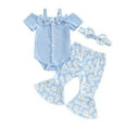 thumbnail image 1 of Okbabeha Baby Girl 3 Piece Outfits, Short Sleeve Cold Shoulder Ribbed Romper + Flare Pants + Bow Headband Toddler Summer Set, 1 of 8