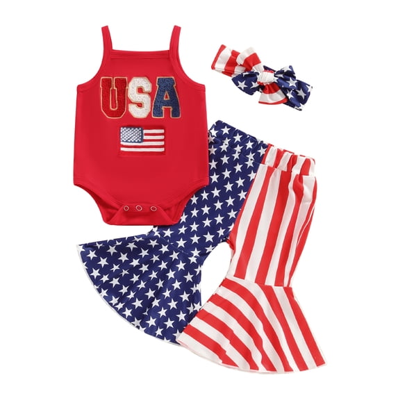 Okbabeha Baby Girl 4th of July Outfit 3 6 9 12 18 Months Letter one-piece Romper+StripeStar Flag Flare Pants Headband Set