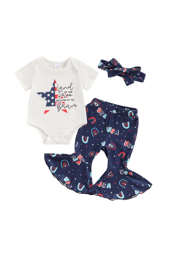 Baby Girl 4th of July Outfit 3 6 9 12 18 Months Letter one-piece Romper+StripeStar Flag Flare Pants Headband Set
