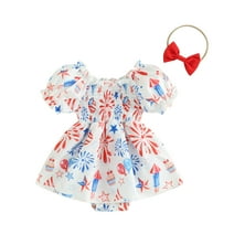 Okbabeha Baby Girl 4th of July Outfit Stars Puff Sleeve Fourth of July Romper Dress Newborn Independence Day Dresses