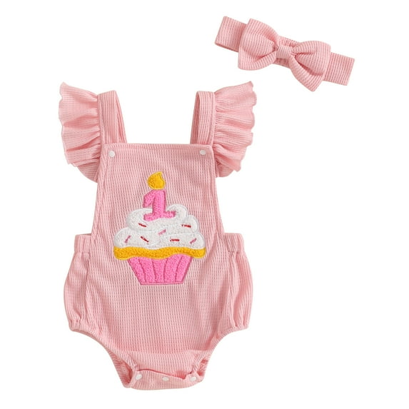 Okbabeha Baby Girl Birthday Outfit Cupcake Embroidery Romper Ruffle Sleeveless Bodysuit Headband