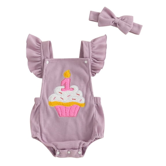 Okbabeha Baby Girl Birthday Outfit Cupcake Embroidery Romper Ruffle Sleeveless Bodysuit Headband