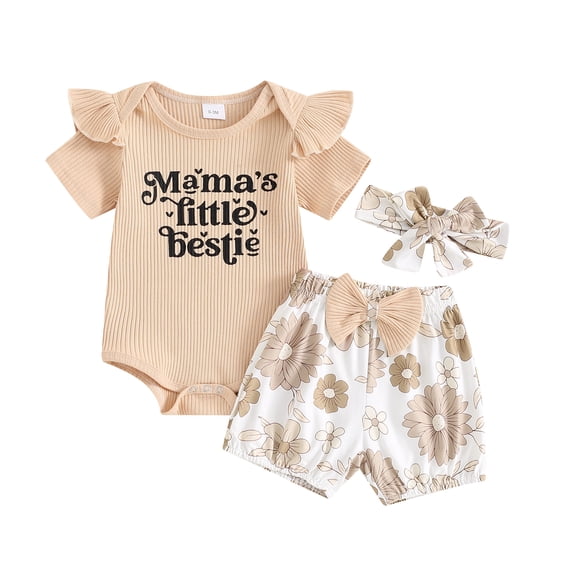 Okbabeha Baby Girl Clothing Newborn Outfit Short Sleeve Ribbed Romper Vintage Floral Shorts Headband Set Summer Clothes