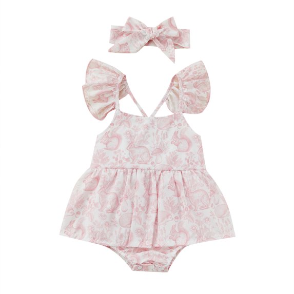 Okbabeha Baby Girl Easter Day Outfit Newborn Romper Dress Cartoon Rabbit Print Design Sleeveless Ruffle Hem Cute Dress/Jumpsuit Headband 2pcs