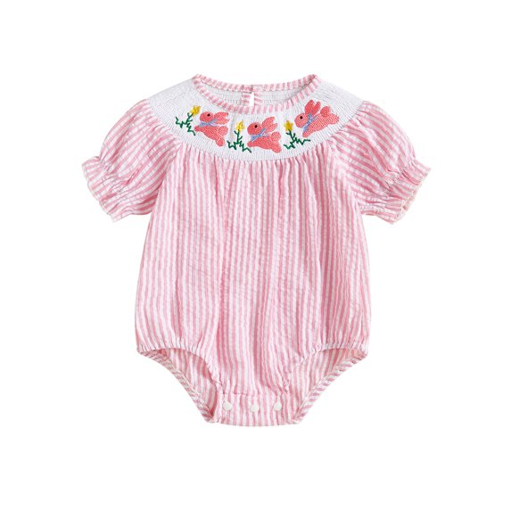 Okbabeha Baby Girl Easter Romper Short Puff Sleeve Stripes Print Smocked Bodysuit Newborn Outfit