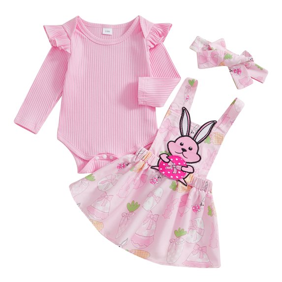 Okbabeha Baby Girl Easter Set Long Sleeve Romper Bunny Suspender Skirt Headband