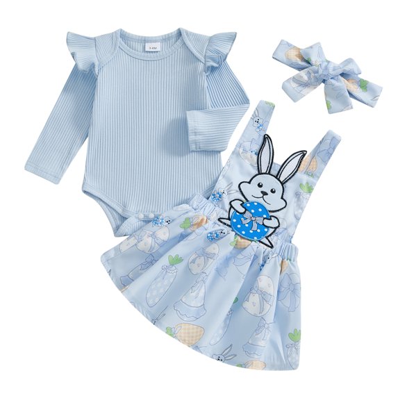 Okbabeha Baby Girl Easter Set Long Sleeve Romper Bunny Suspender Skirt Headband