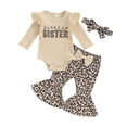thumbnail image 1 of Okbabeha Baby Girl Fall Clothes Long Sleeve Letter Print Ribbed Romper Leopard Flare Pant Headband Newborn Outfit For Girl, 1 of 8