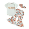 thumbnail image 1 of Okbabeha Baby Girl Fall Clothes Mamas Pumpkin Romper Shirt Onesie+Floral Bell Bottoms Pants Headband Halloween Outfits Set, 1 of 7
