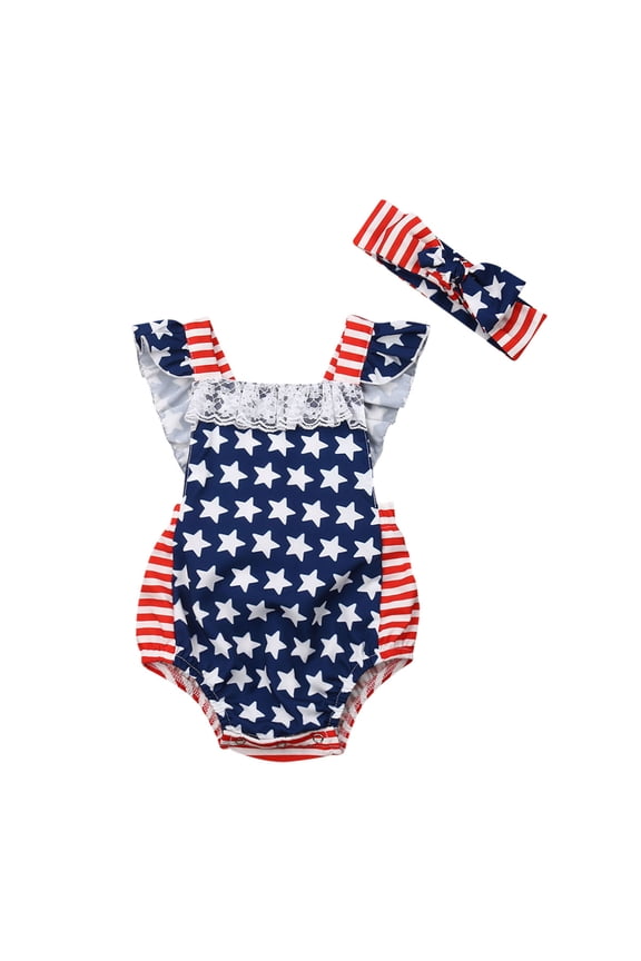 Baby Girl Fouth of July Outfits,American Flag Romper USA  one-piece  Ruffle White Red Blue Star Stripe Bodysuit