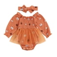 thumbnail image 1 of Okbabeha Baby Girl Halloween Outfits,Linen Pumpkin  one-piece  Long Sleeve Ruffle Romper Bow Headband Newborn Infant Fall Clothes, 1 of 8