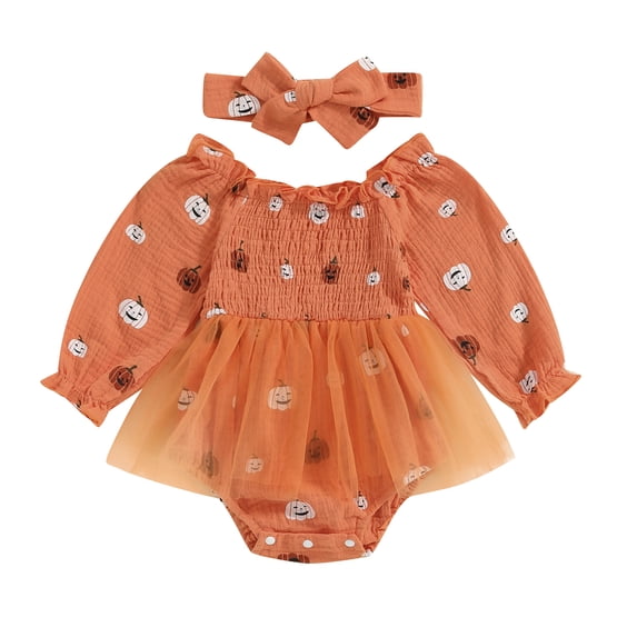 Okbabeha Baby Girl Halloween Outfits,Linen Pumpkin one-piece Long Sleeve Ruffle Romper Bow Headband Newborn Infant Fall Clothes