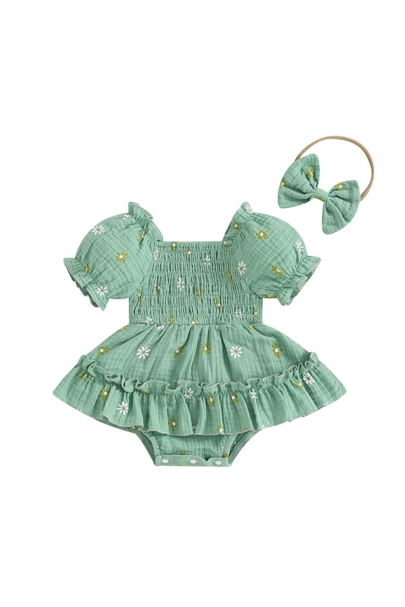 Baby Girl Summer Clothes Daisy Bodysuit Puff Sleeve Bubble Romper Smocked Dress Newborn Boho Outfits