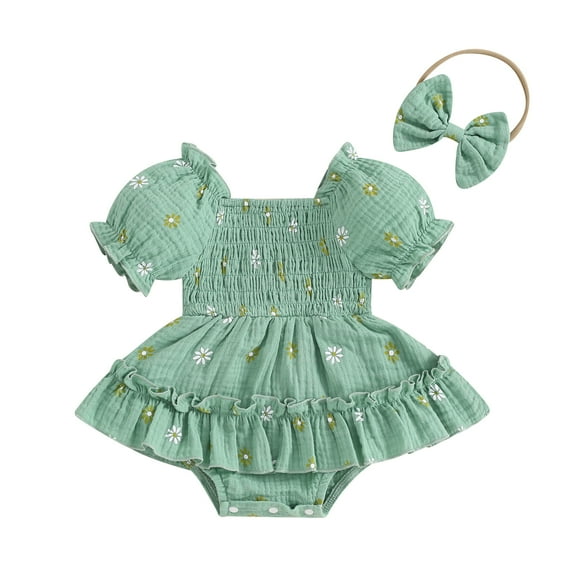 Okbabeha Baby Girl Summer Clothes Daisy Bodysuit Puff Sleeve Bubble Romper Smocked Dress Newborn Boho Outfits