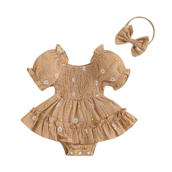 Okbabeha Baby Girl Summer Clothes Daisy Bodysuit Puff Sleeve Bubble Romper Smocked Dress Newborn Boho Outfits