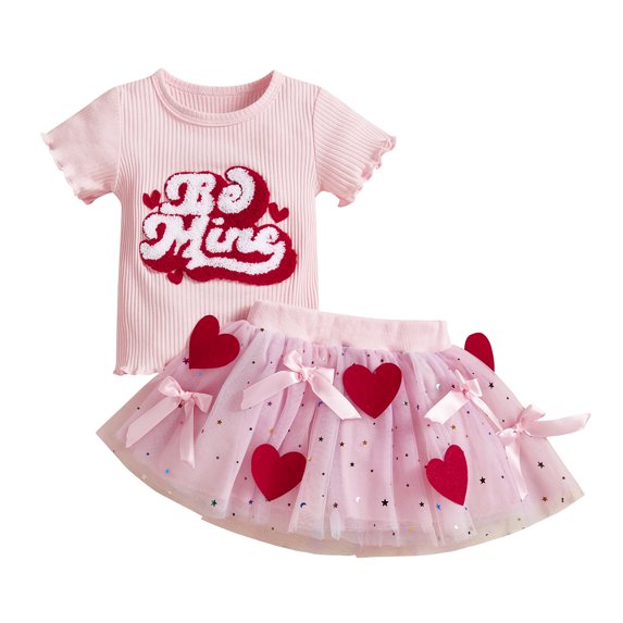 Okbabeha Baby Girl Valentine’s Day 2 Pcs Outfit Letter Heart Print T-shirt Tulle Tutu Skirt Cute Clothes Sets