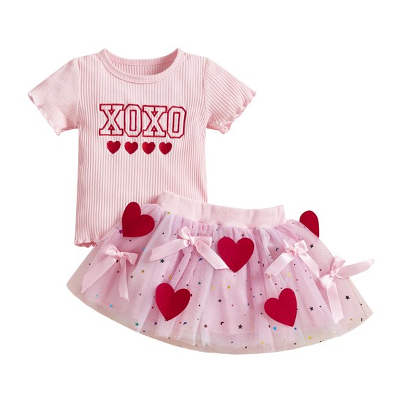 Okbabeha Baby Girl Valentine’s Day 2 Pcs Outfit Letter Heart Print T-shirt Tulle Tutu Skirt Cute Clothes Sets
