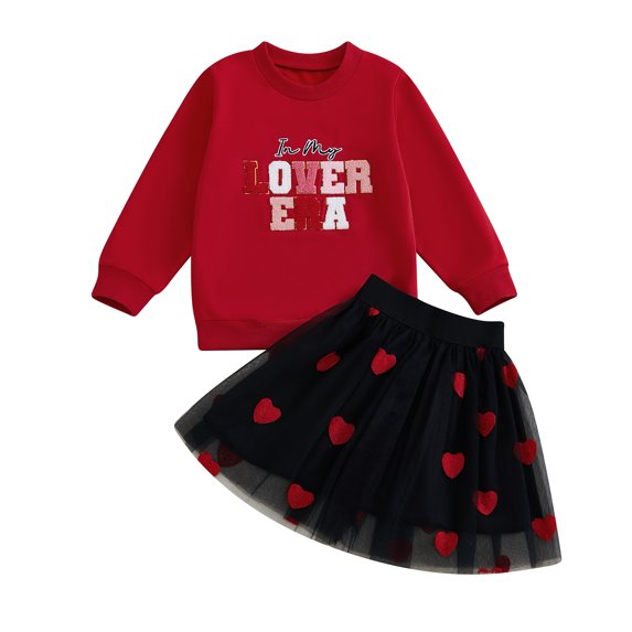 Okbabeha Baby Girl Valentine's Day 2Pcs Clothes Sets Embroidery Long Sleeve Top and Heart Tutu Skirts Sets