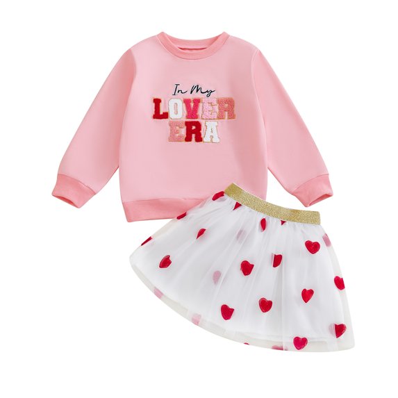Okbabeha Baby Girl Valentine's Day 2Pcs Clothes Sets Embroidery Long Sleeve Top and Heart Tutu Skirts Sets
