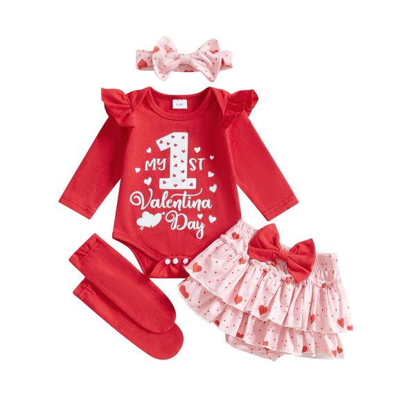 Okbabeha Baby Girl Valentine's Day Outfit Heart Long Sleeve Romper Layered Ruffle Shorts Bow Headband Socks