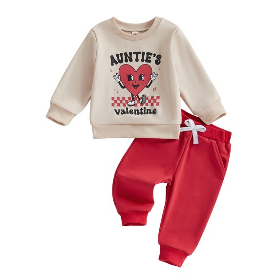 Okbabeha Baby Girl Valentines Day Outfit Long Sleeve Heart Cartoon Print Sweatshirt Solid Pants 2Pcs