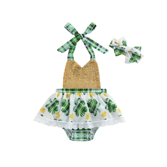 Okbabeha Baby Girls St. Patrick's Day Outfits 0 3 6 9 12 18 24M Sequins Romper Shamrock one-piece Jumpsuit Skirt Summer Clothes