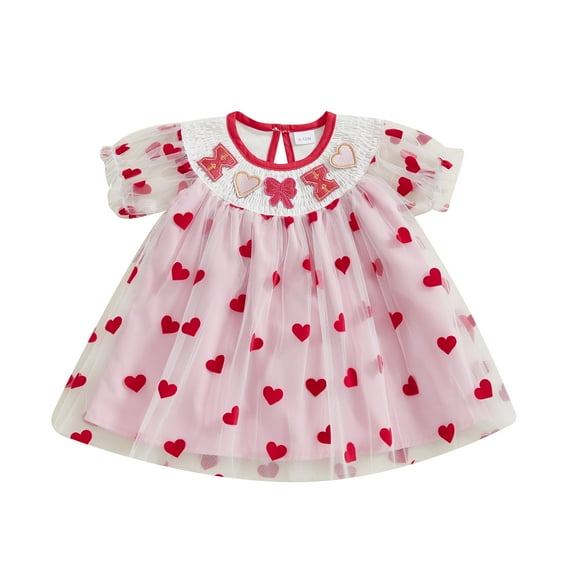 Okbabeha Baby Girls Valentine's Day Mesh Dress Heart Print Puff Sleeve Tulle Dress Birthday Outfits