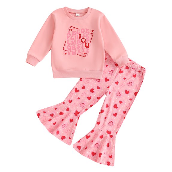 Okbabeha Baby Girls Valentines Day Outfits Heart Sweatshirt Tops Bell Bottoms Toddler 2 Pieces Set