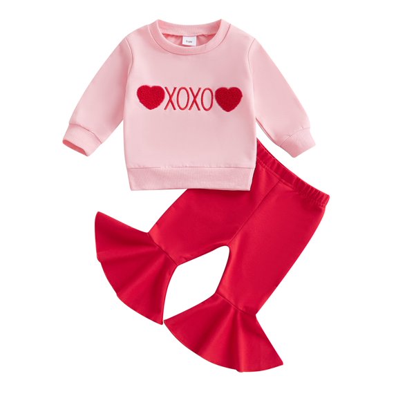 Okbabeha Baby Girls Valentines Day Outfits Letter Sweatshirt Tops Bell Bottoms Toddler 2 Pieces Set