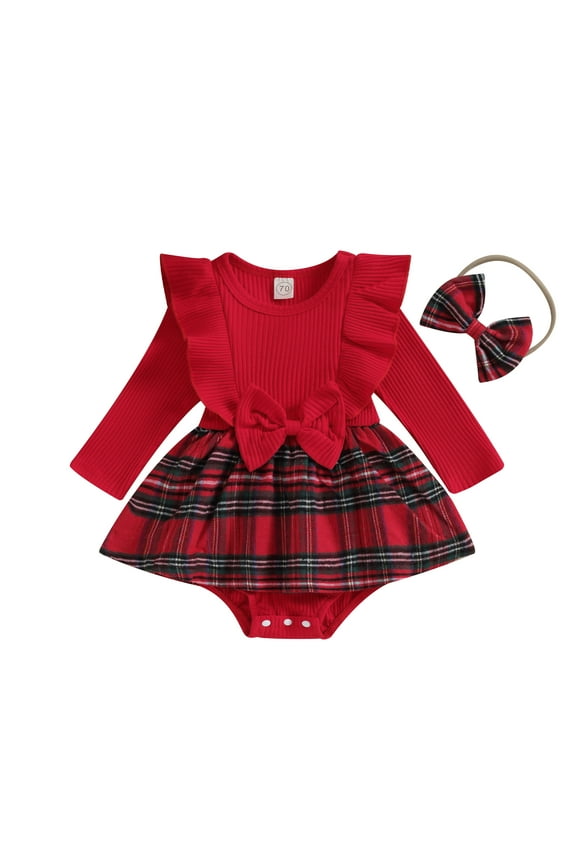 Christmas Outfits Baby Girl 0 3 6 9 12 18 24Months Plaid Romper Dress Onesie Bodysuit Xmas Dress Winter Clothes